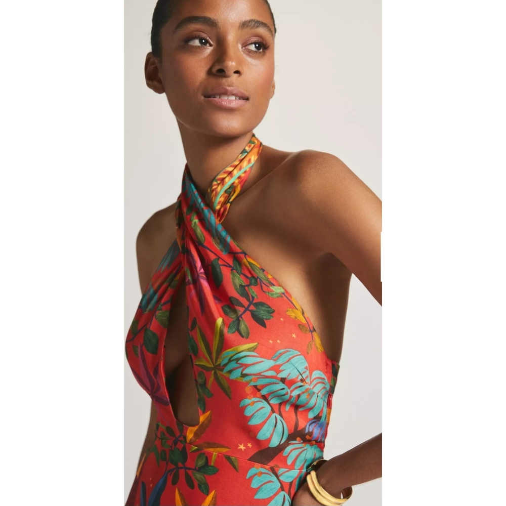 FARM Rio x Anthropologie Red Colorful Halter Slip Dress Small Petite - Picture 2 of 5